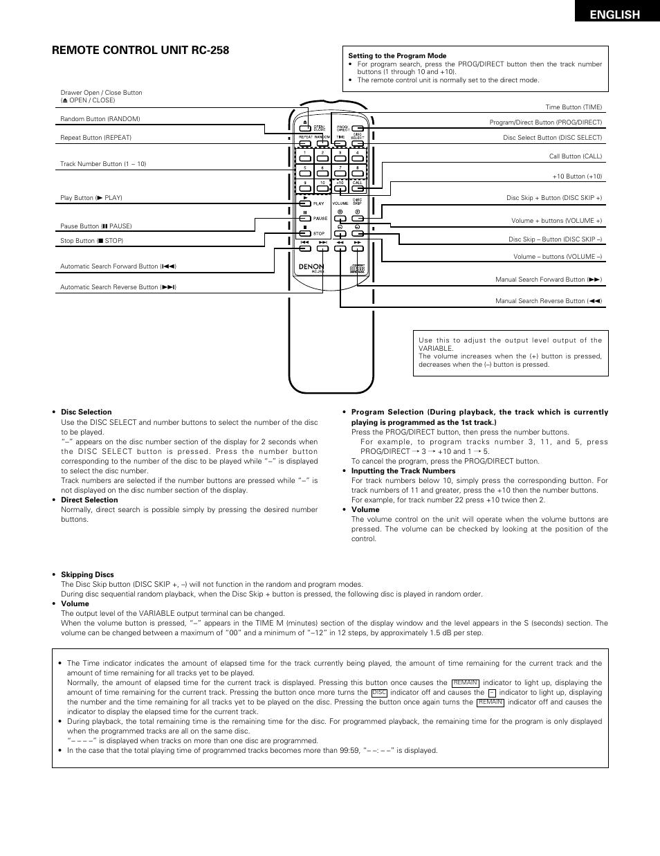 English remote control unit rc-258 | Denon DCM-370 User Manual | Page 15 / 38