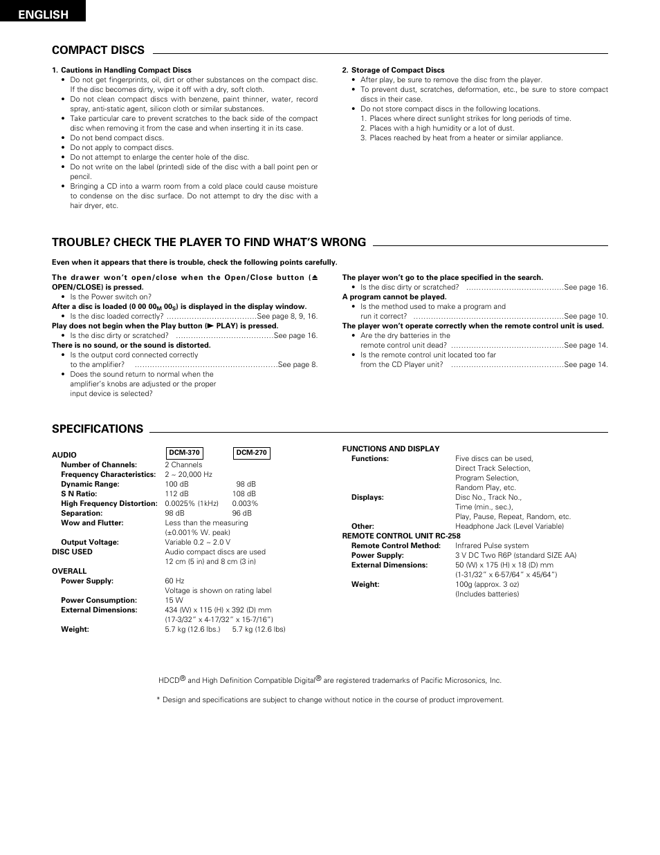 Compact discs, Trouble? check the player to find what’s wrong, Specifications | English compact discs | Denon DCM-370 User Manual | Page 16 / 38