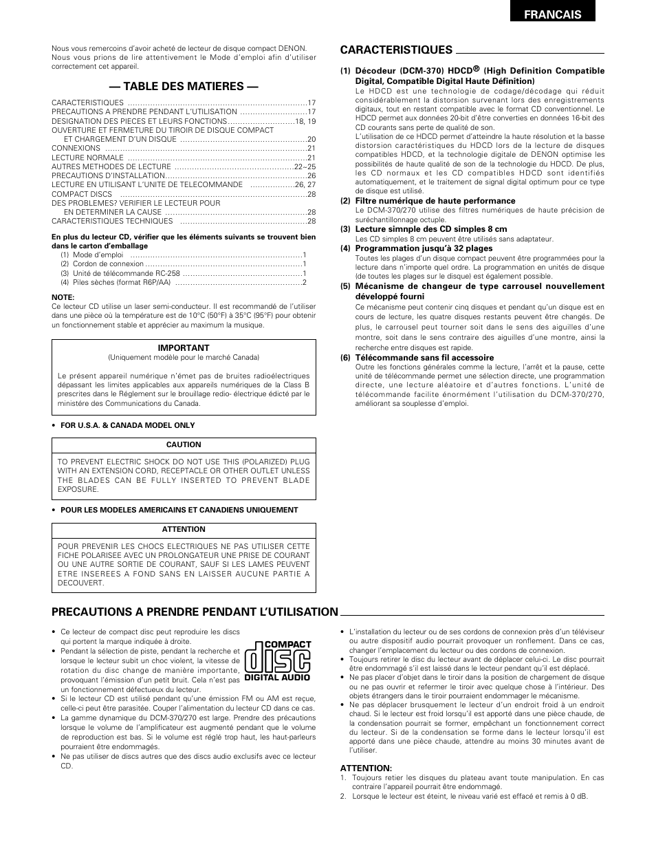 Francais, Caracteristiques, Precautions a prendre pendant l’utilisation | Table des matieres | Denon DCM-370 User Manual | Page 17 / 38