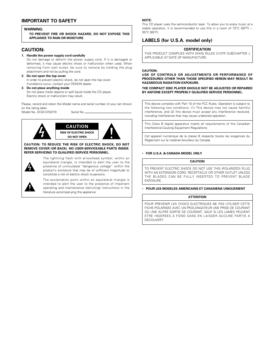 Important to safety, Caution, Labels (for u.s.a. model only) | Denon DCM-370 User Manual | Page 2 / 38