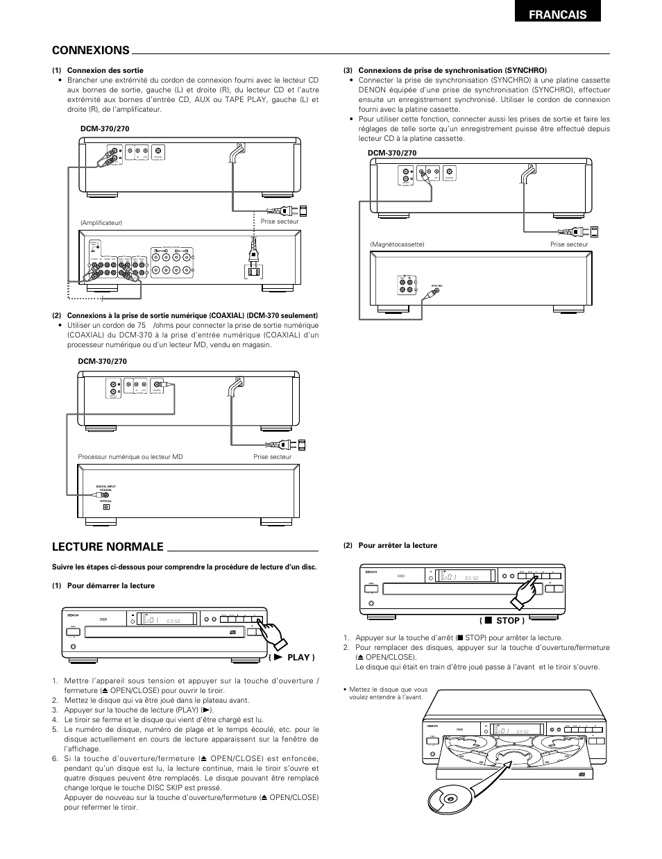 Francais, Connexions, Lecture normale | Open/close disc skip, Stop pause play prog phones repeat, Disc min sec, 1 play ), 2 stop ) | Denon DCM-370 User Manual | Page 21 / 38