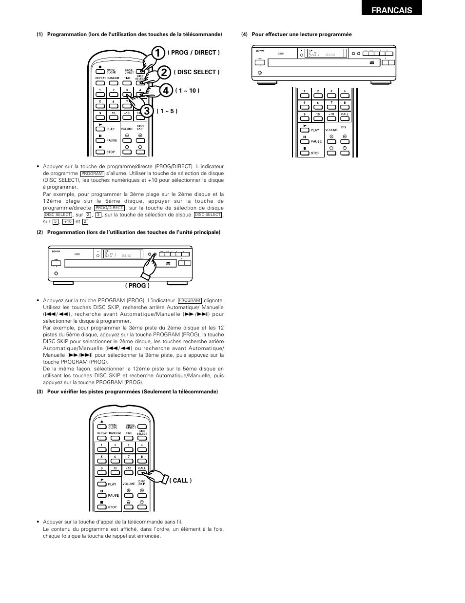 Francais, Open/close disc skip, Stop pause play prog phones repeat | Disc min sec | Denon DCM-370 User Manual | Page 23 / 38