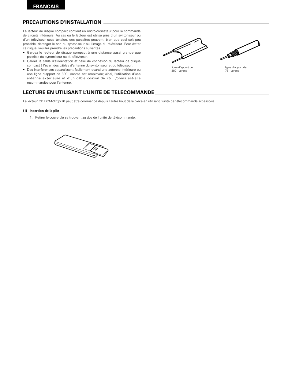 Francais, Precautions d’installation, Lecture en utilisant l’unite de telecommande | Denon DCM-370 User Manual | Page 26 / 38