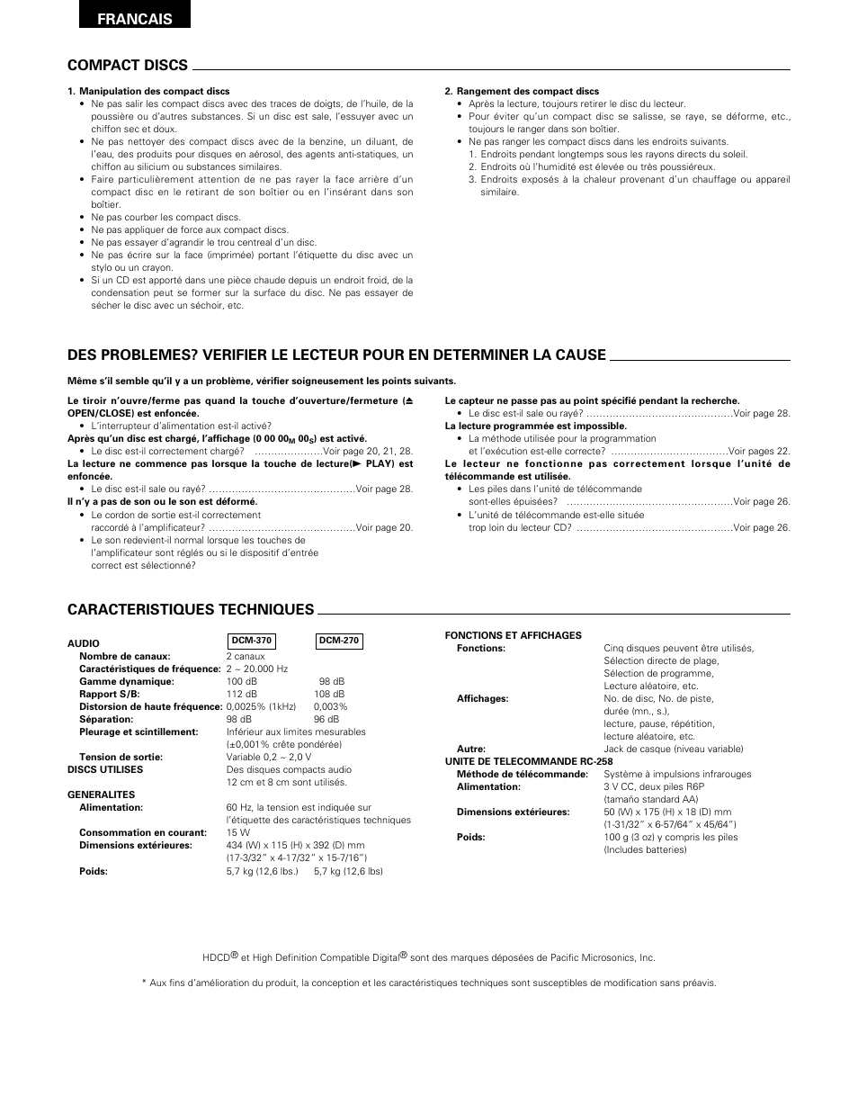 Francais, Compact discs, Caracteristiques techniques | Denon DCM-370 User Manual | Page 28 / 38