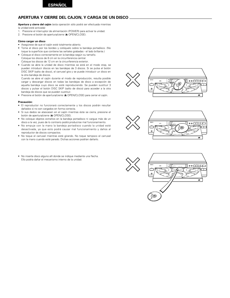 Apertura y cierre del cajon, y carga de un disco, Conexión, Español | Denon DCM-370 User Manual | Page 32 / 38
