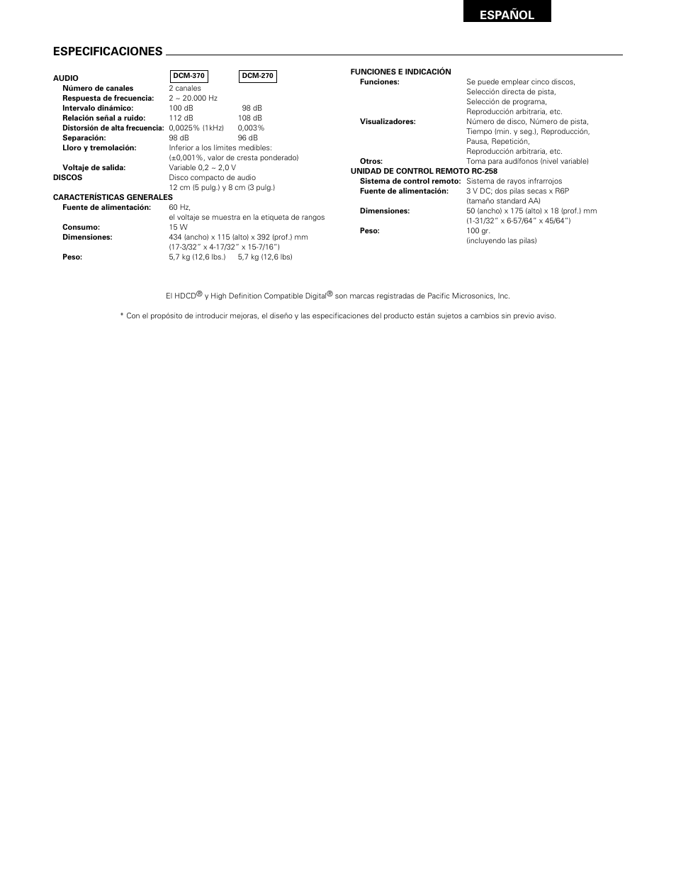 Especificaciones, Español | Denon DCM-370 User Manual | Page 37 / 38