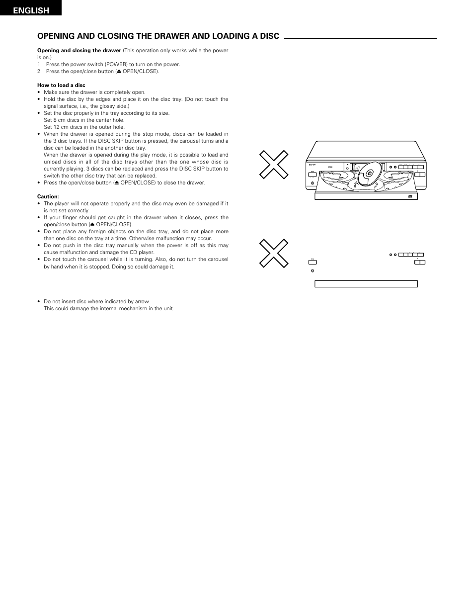 Opening and closing the drawer and loading a disc | Denon DCM-370 User Manual | Page 8 / 38