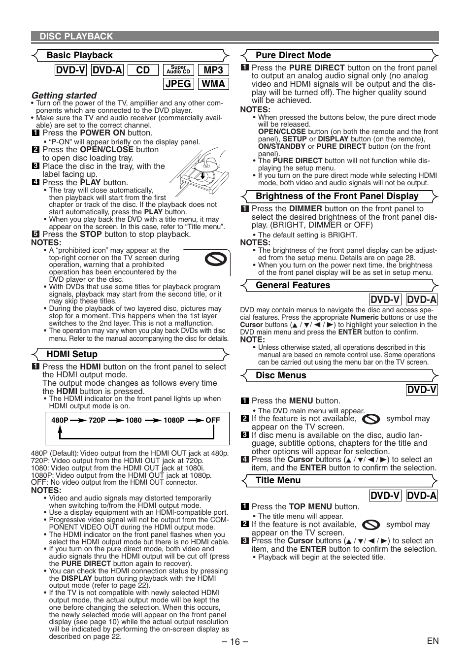 Wma jpeg mp3, Cd dvd-a dvd-v, Dvd-v | Dvd-a dvd-v | Denon DVD-1930CI User Manual | Page 16 / 92