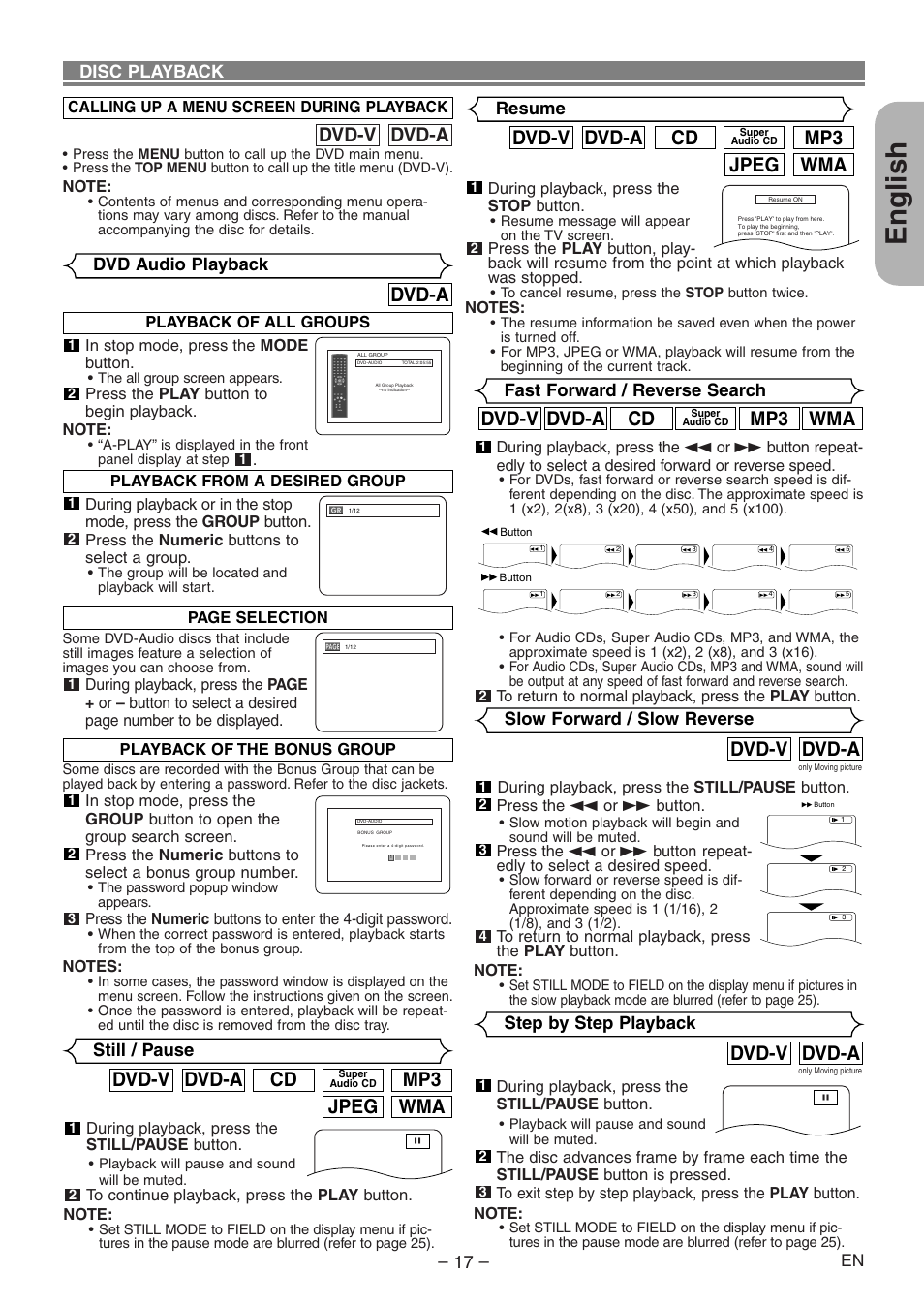 English, Dvd-a dvd-v, Dvd-a | Wma jpeg mp3, Cd dvd-a dvd-v, Wma mp3, Disc playback, Dvd audio playback, Still / pause, Resume | Denon DVD-1930CI User Manual | Page 17 / 92