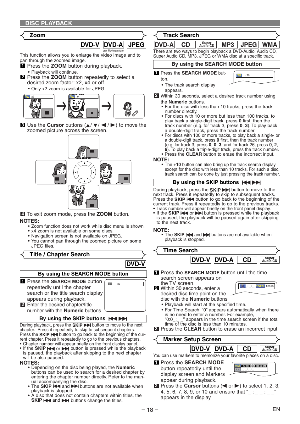 Jpeg dvd-a dvd-v, Cd dvd-a dvd-v, Dvd-v | Wma jpeg mp3, Cd dvd-a | Denon DVD-1930CI User Manual | Page 18 / 92