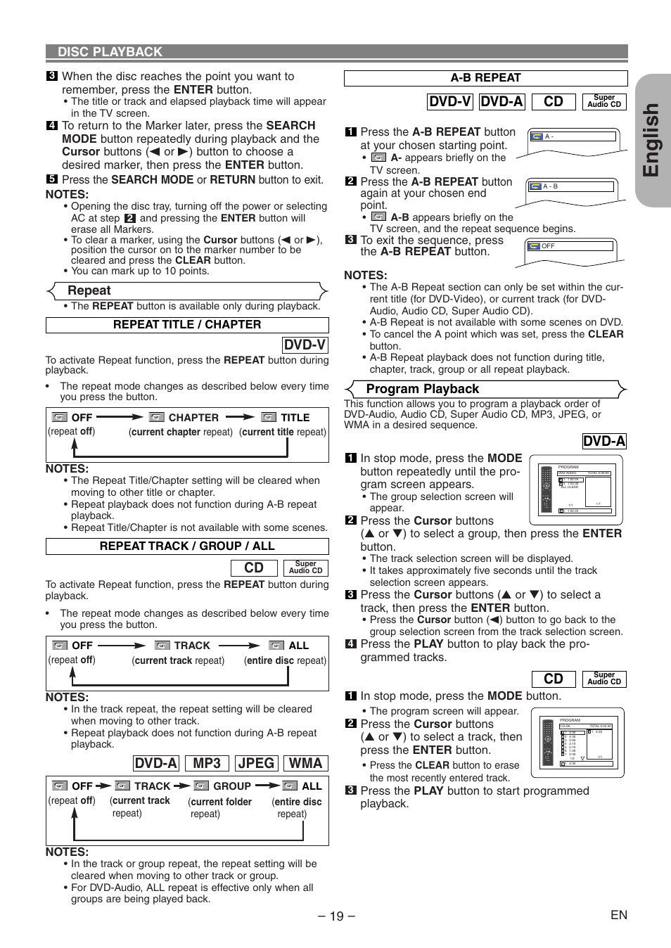 English, Cd dvd-a dvd-v, Dvd-v | Wma jpeg mp3 dvd-a, Dvd-a, Disc playback, Program playback, Repeat | Denon DVD-1930CI User Manual | Page 19 / 92