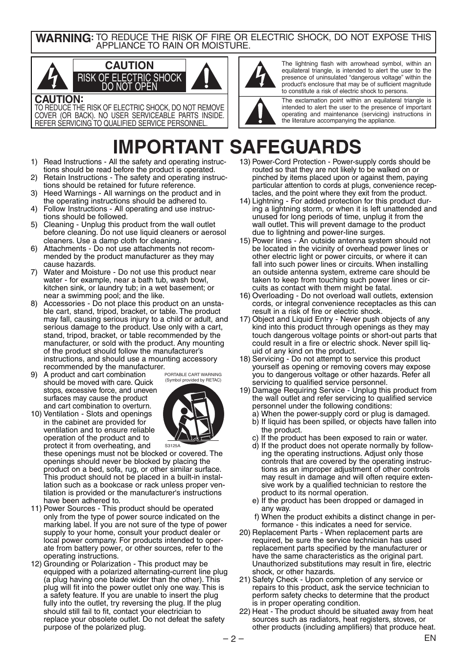 Important safeguards, Warning, Caution | Caution risk of electric shock do not open | Denon DVD-1930CI User Manual | Page 2 / 92