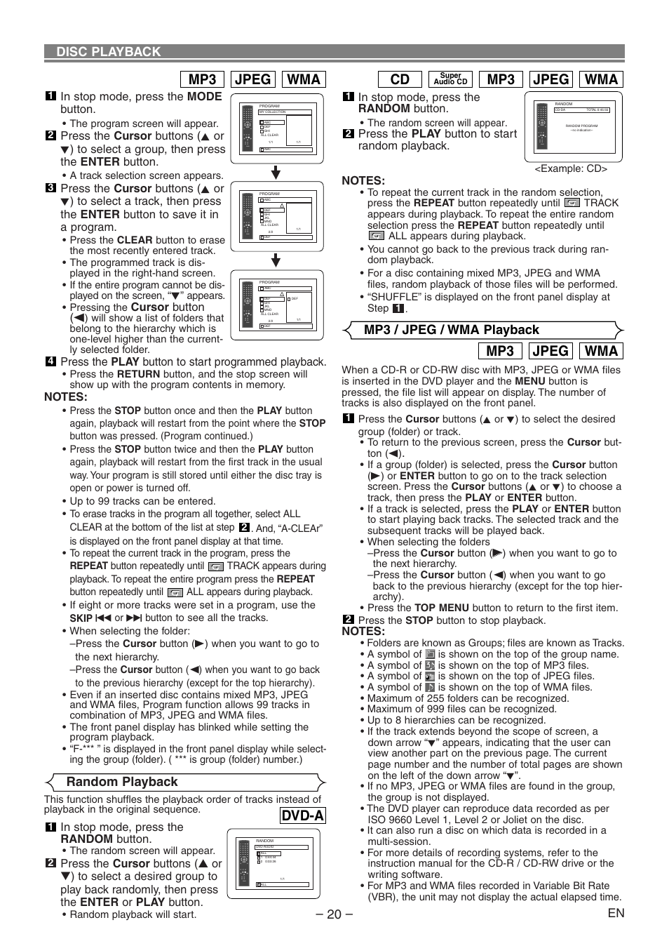 Wma jpeg mp3, Dvd-a, Random playback | Disc playback, Mp3 / jpeg / wma playback, Cursor button (s, Press the play button to start programmed playback | Denon DVD-1930CI User Manual | Page 20 / 92