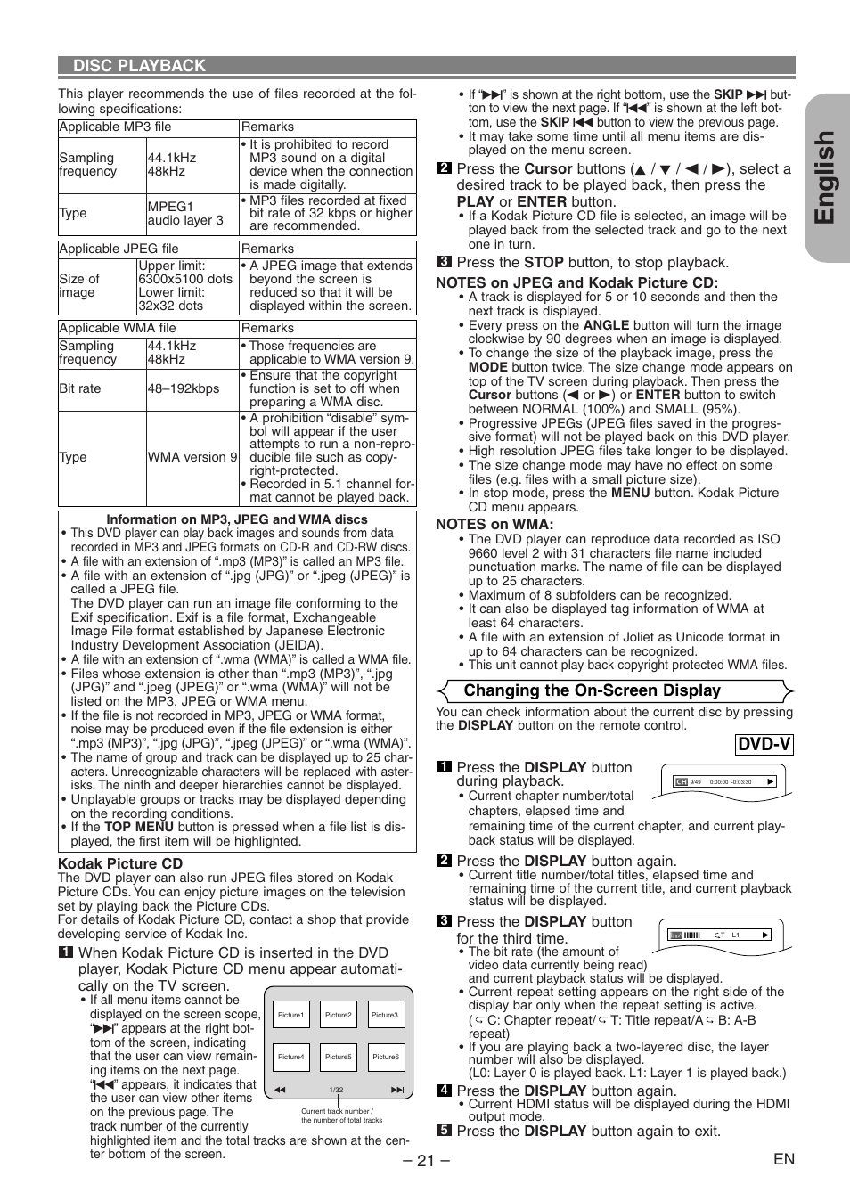 English, Dvd-v, Disc playback | Changing the on-screen display | Denon DVD-1930CI User Manual | Page 21 / 92