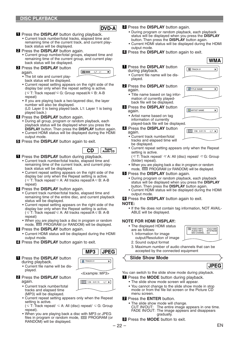 Dvd-a, Jpeg, Jpeg mp3 | Slide show mode, Disc playback | Denon DVD-1930CI User Manual | Page 22 / 92