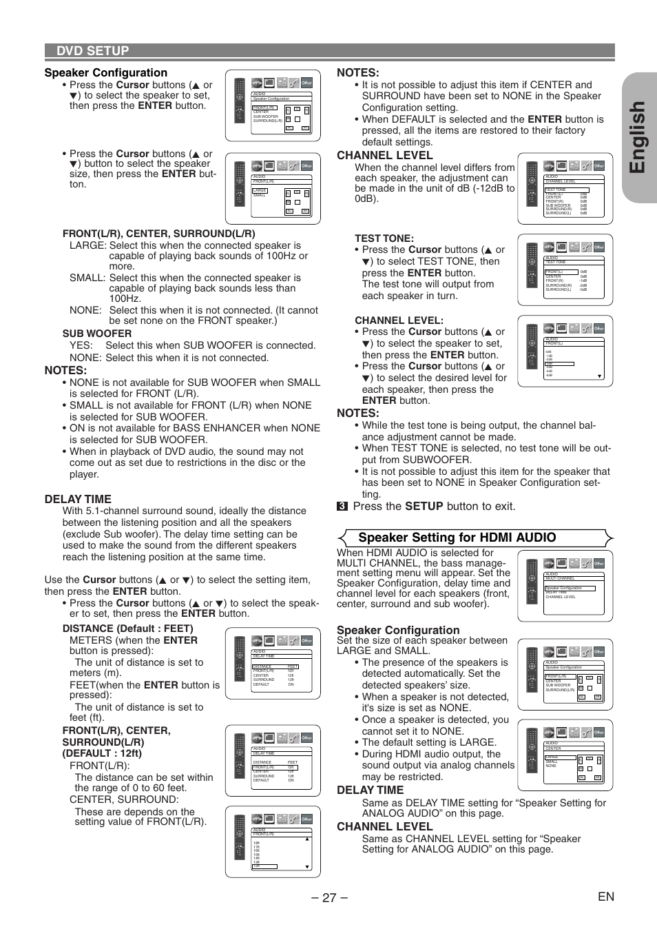 English, Dvd setup, Speaker setting for hdmi audio | Speaker configuration, Delay time, Channel level, Press the setup button to exit | Denon DVD-1930CI User Manual | Page 27 / 92