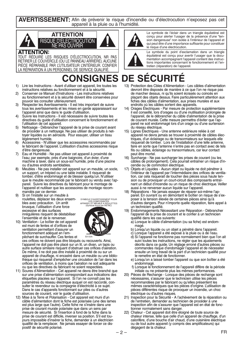 Consignes de sécurité, Avertissement, Attention | Attention risque d’électrocution ne pas ouvrir | Denon DVD-1930CI User Manual | Page 32 / 92