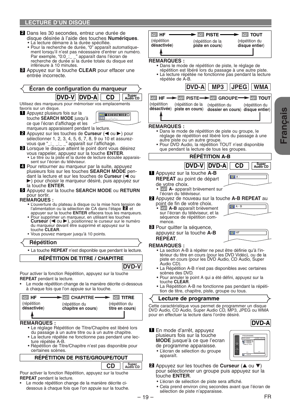 Français, Dvd-v, Wma jpeg mp3 dvd-a | Cd dvd-a dvd-v, Dvd-a, Lecture d’un disque, Répétition, Écran de configuration du marqueur, Lecture de programme | Denon DVD-1930CI User Manual | Page 49 / 92