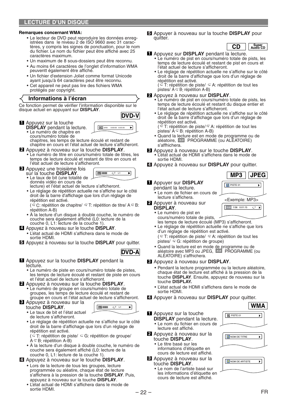 Jpeg mp3, Dvd-a, Dvd-v | Lecture d’un disque, Informations à l’écran | Denon DVD-1930CI User Manual | Page 52 / 92