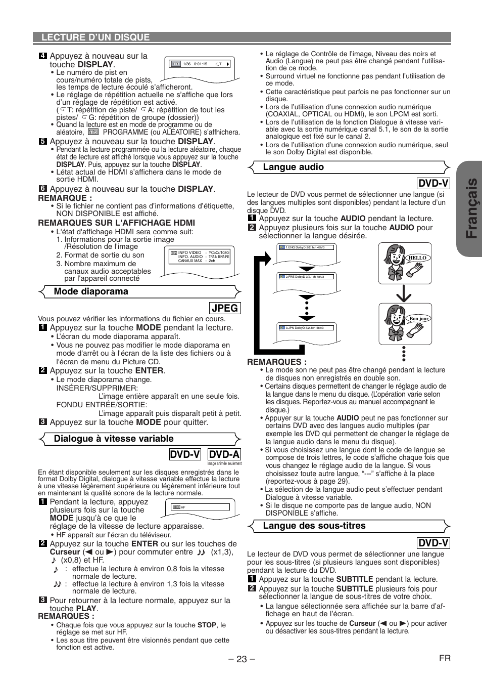 Français, Dvd-v, Jpeg | Dvd-a dvd-v, Lecture d’un disque langue audio, Langue des sous-titres, Mode diaporama, Dialogue à vitesse variable | Denon DVD-1930CI User Manual | Page 53 / 92