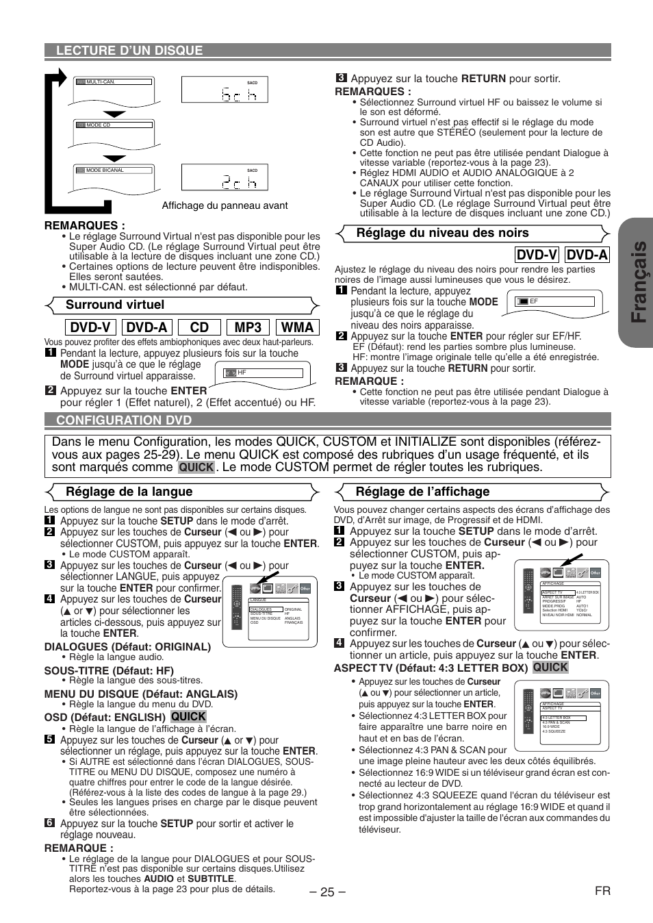 Français, Wma mp3 cd dvd-a dvd-v, Dvd-a dvd-v | Configuration dvd, Réglage de la langue, Réglage de l’affichage, Surround virtuel, Réglage du niveau des noirs, Lecture d’un disque | Denon DVD-1930CI User Manual | Page 55 / 92
