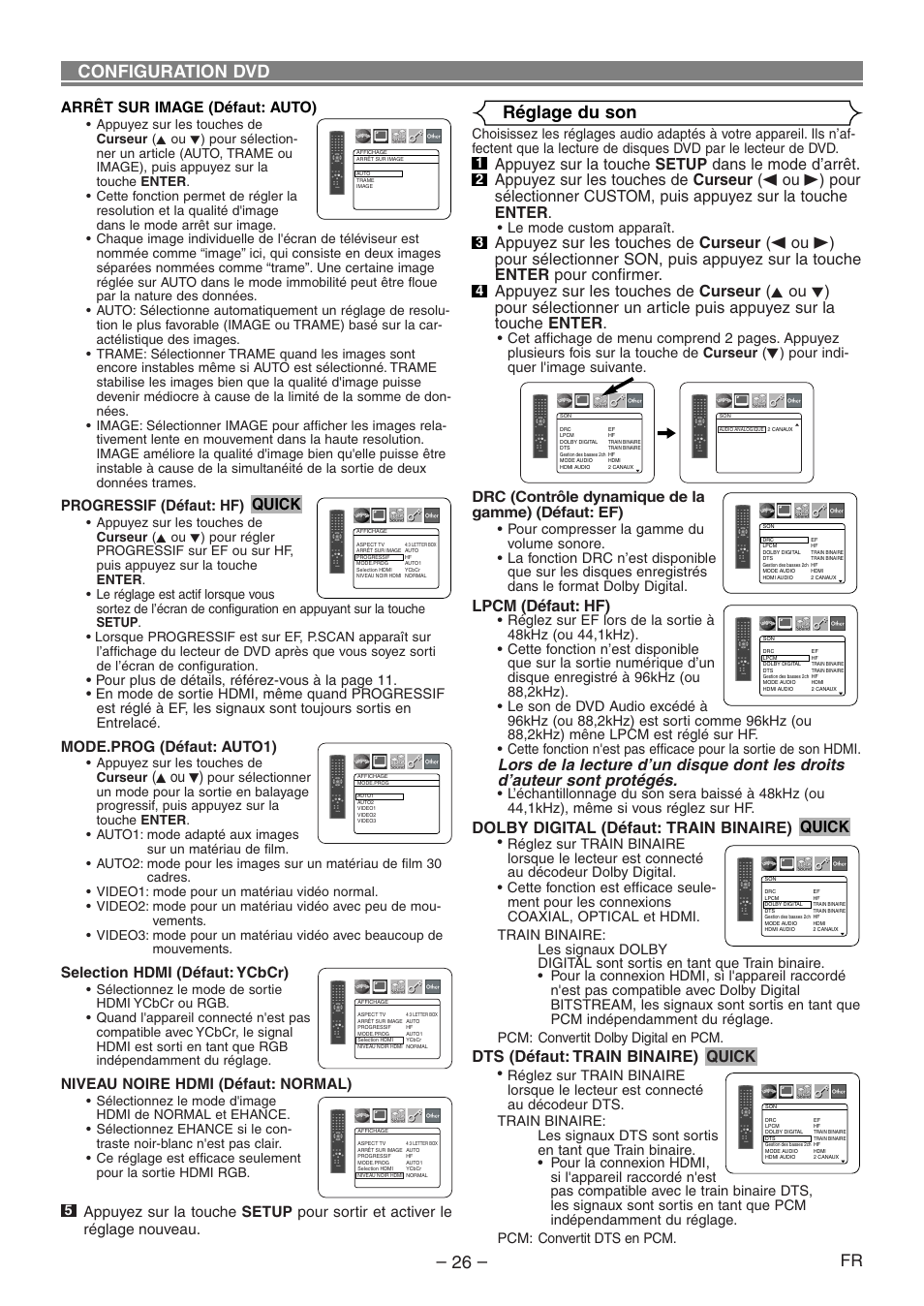 Configuration dvd réglage du son, Lpcm (défaut: hf), Dolby digital (défaut: train binaire) | Dts (défaut: train binaire), Quick, Drc (contrôle dynamique de la gamme) (défaut: ef), Arrêt sur image (défaut: auto), Progressif (défaut: hf), Mode.prog (défaut: auto1), K ou l) | Denon DVD-1930CI User Manual | Page 56 / 92