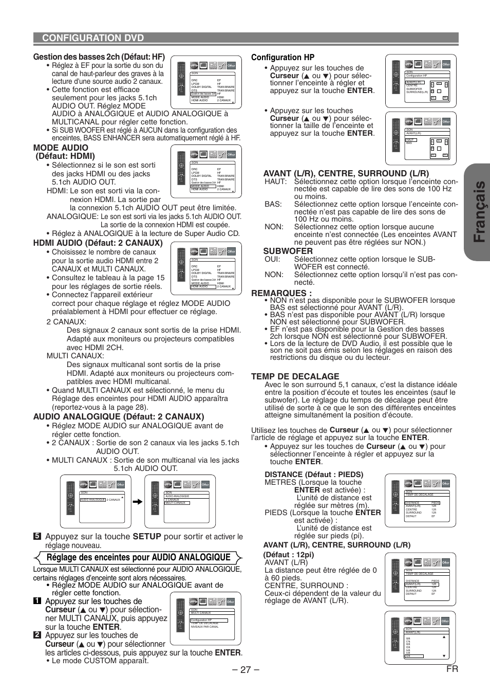Français, Réglage des enceintes pour audio analogique, Configuration dvd | Gestion des basses 2ch (défaut: hf), Mode audio (défaut: hdmi), Hdmi audio (défaut: 2 canaux), Audio analogique (défaut: 2 canaux), Appuyez sur la touche setup pour sortir, Configuration hp, Avant (l/r), centre, surround (l/r) | Denon DVD-1930CI User Manual | Page 57 / 92
