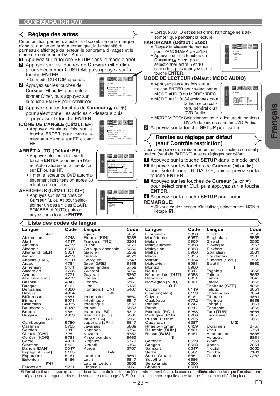 Français, Configuration dvd, Réglage des autres | Liste des codes de langue, Arrêt auto. (défaut: ef), Afficheur (défaut: clair), Panorama (défaut : 5sec), Mode de lecteur (défaut : mode audio), Appuyez sur la touche setup pour sortir | Denon DVD-1930CI User Manual | Page 59 / 92