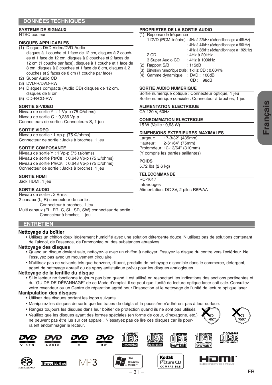 Français, Données techniques, Entretien | Denon DVD-1930CI User Manual | Page 61 / 92