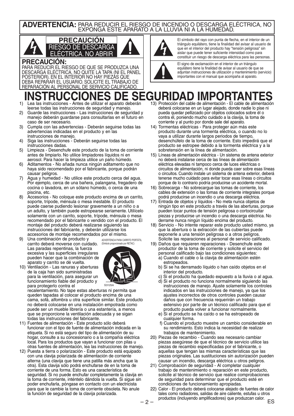 Instrucciones de seguridad importantes, Advertencia, Precaución | Precaución riesgo de descarga eléctrica. no abrir | Denon DVD-1930CI User Manual | Page 62 / 92