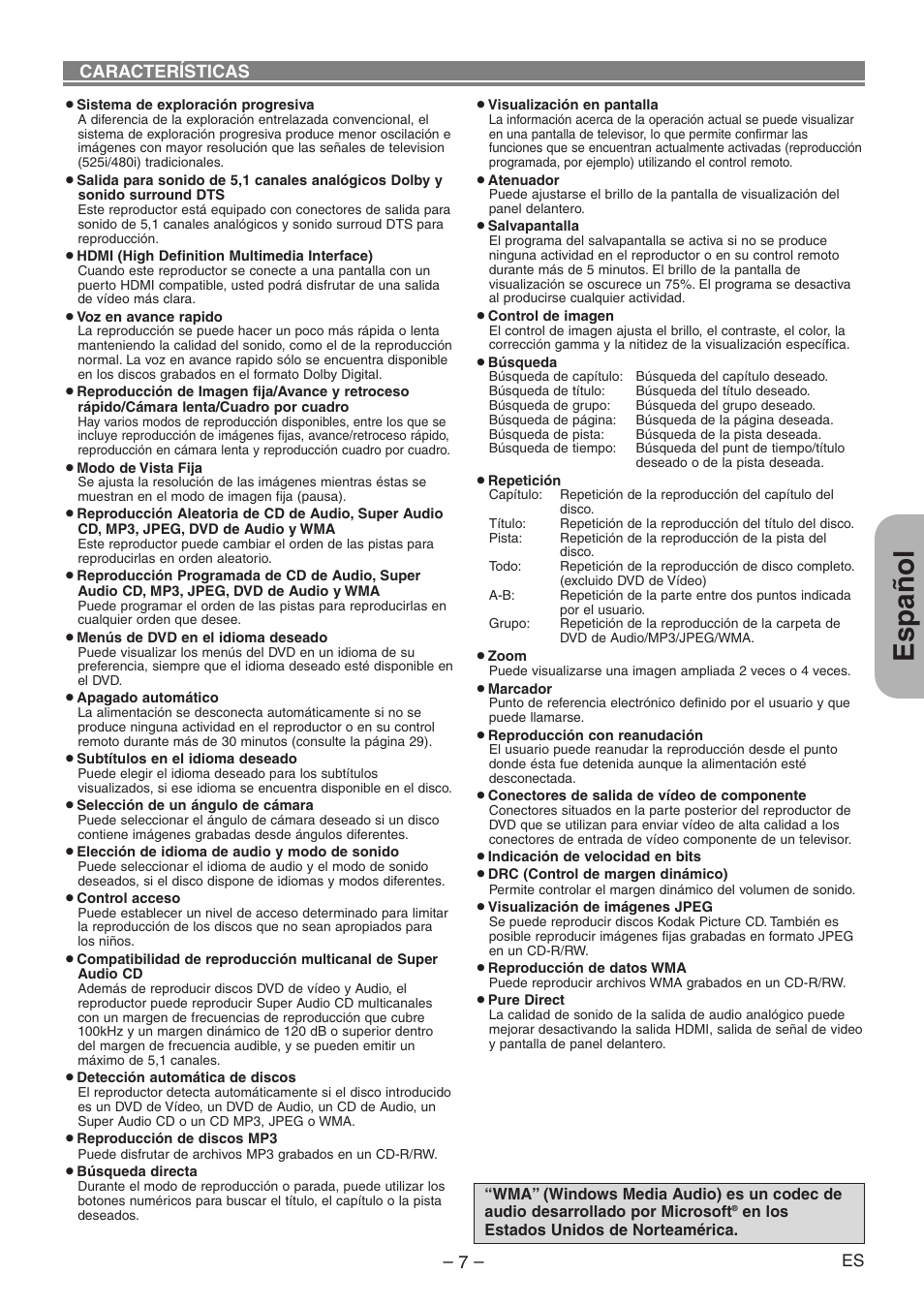 Español, Características | Denon DVD-1930CI User Manual | Page 67 / 92
