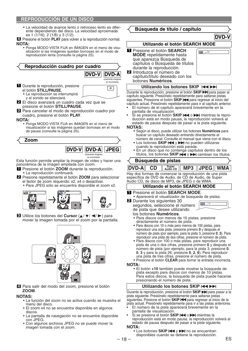 Jpeg dvd-a dvd-v, Dvd-v, Dvd-a dvd-v | Wma jpeg mp3, Cd dvd-a, Búsqueda de pistas, Zoom, Reproducción cuadro por cuadro | Denon DVD-1930CI User Manual | Page 78 / 92