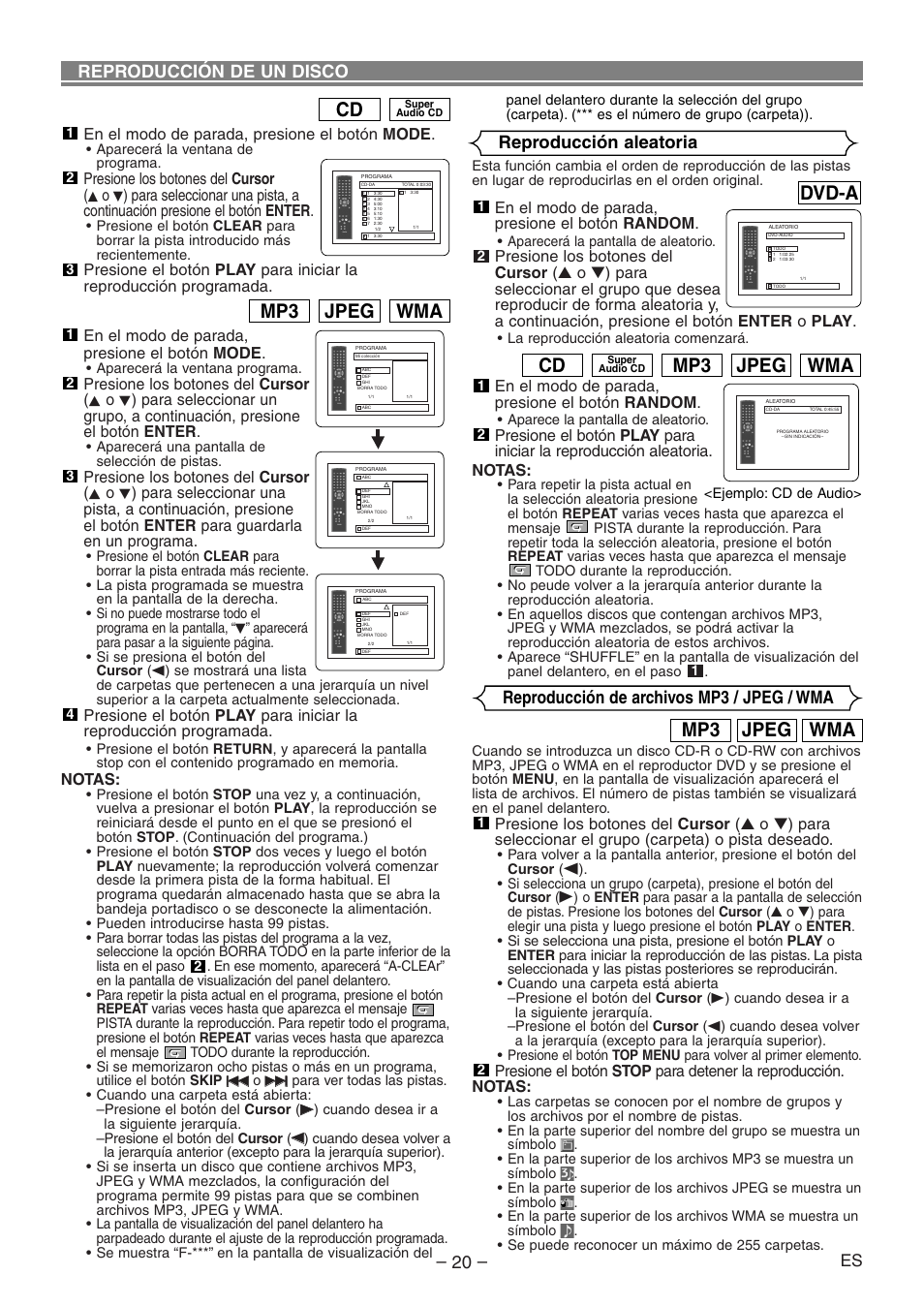 Wma jpeg mp3, Dvd-a, Reproducción de archivos mp3 / jpeg / wma | En el modo de parada, presione el botón mode, Notas, En el modo de parada, presione el botón random | Denon DVD-1930CI User Manual | Page 80 / 92
