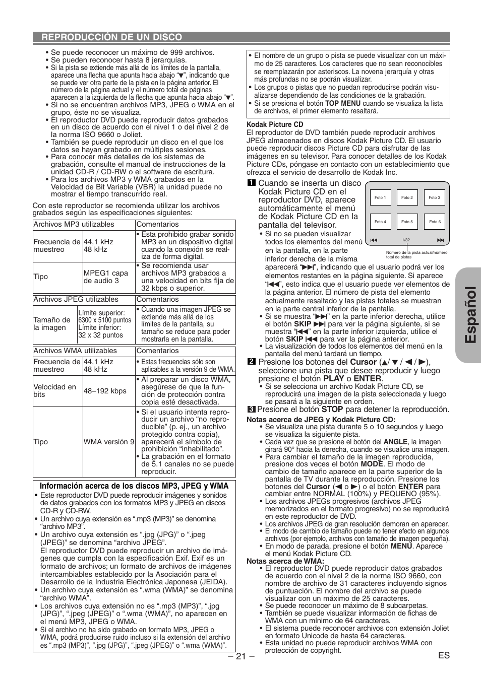 Español, Reproducción de un disco – 21 | Denon DVD-1930CI User Manual | Page 81 / 92