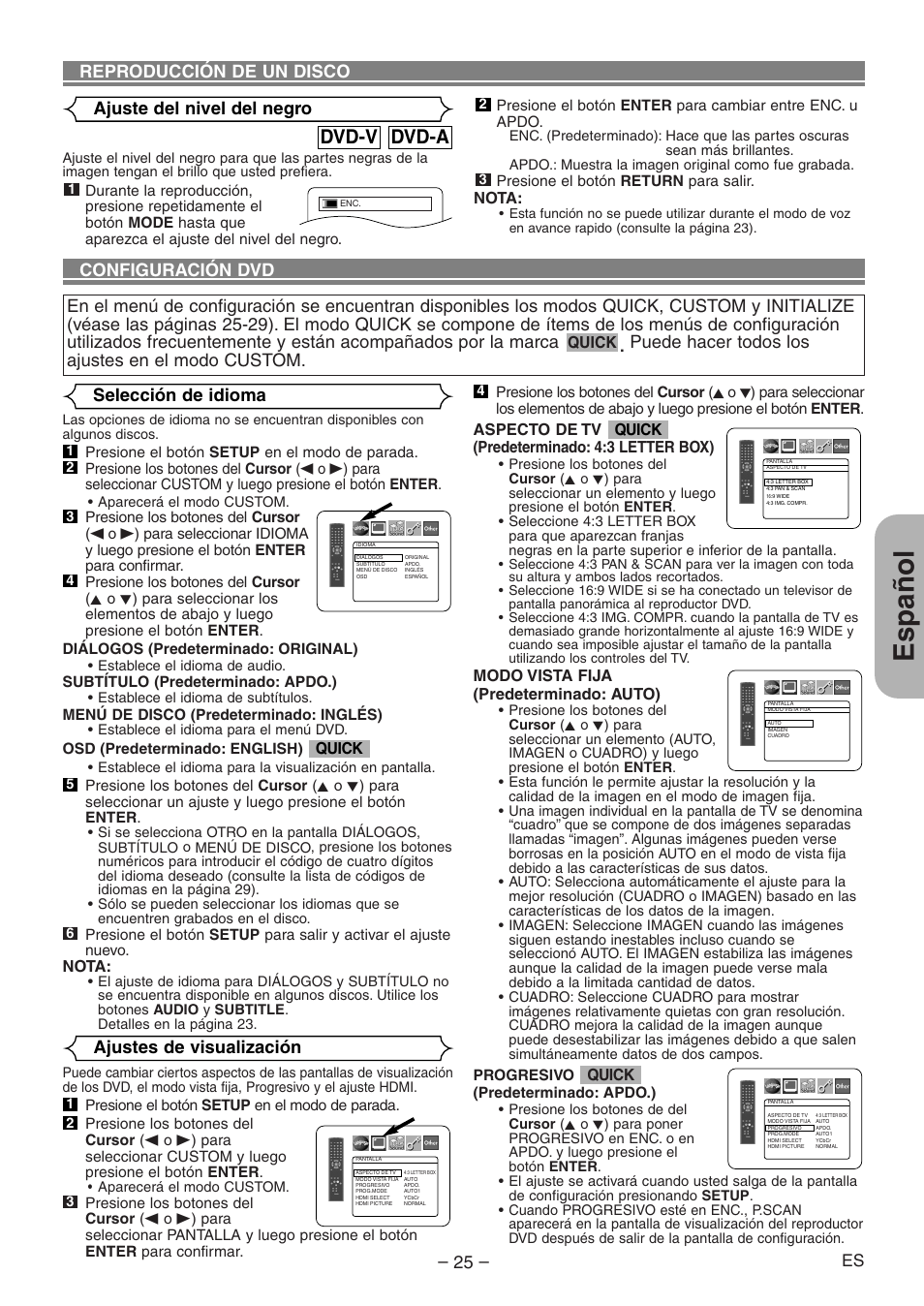 Español, Dvd-a dvd-v, Ajuste del nivel del negro | Puede hacer todos los ajustes en el modo custom, Selección de idioma, Ajustes de visualización, Reproducción de un disco, Quick, Nota, Aspecto de tv (predeterminado: 4:3 letter box) | Denon DVD-1930CI User Manual | Page 85 / 92