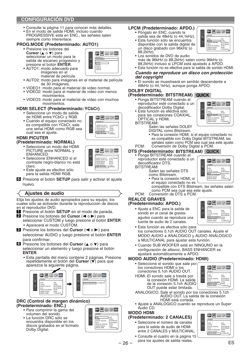 Ajustes de audio, Configuración dvd, Lpcm (predeterminado: apdo.) | Dolby digital (predeterminado: bitstream), Dts (predeterminado: bitstream), Realce graves (predeterminado: apdo.), Modo audio (predeterminado: hdmi), Modo hdmi (predeterminado: 2 canales), Quick, Prog.mode (predeterminado: auto1) | Denon DVD-1930CI User Manual | Page 86 / 92