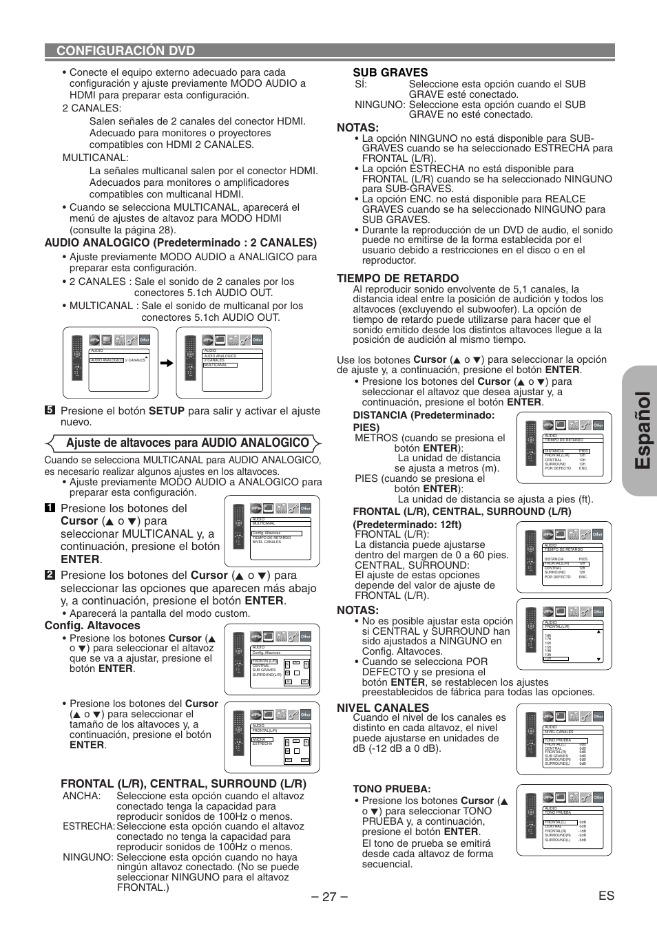 Español, Configuración dvd, Ajuste de altavoces para audio analogico | Audio analogico (predeterminado : 2 canales), Sub graves, Notas, Tiempo de retardo, Nivel canales, Config. altavoces, Frontal (l/r), central, surround (l/r) | Denon DVD-1930CI User Manual | Page 87 / 92
