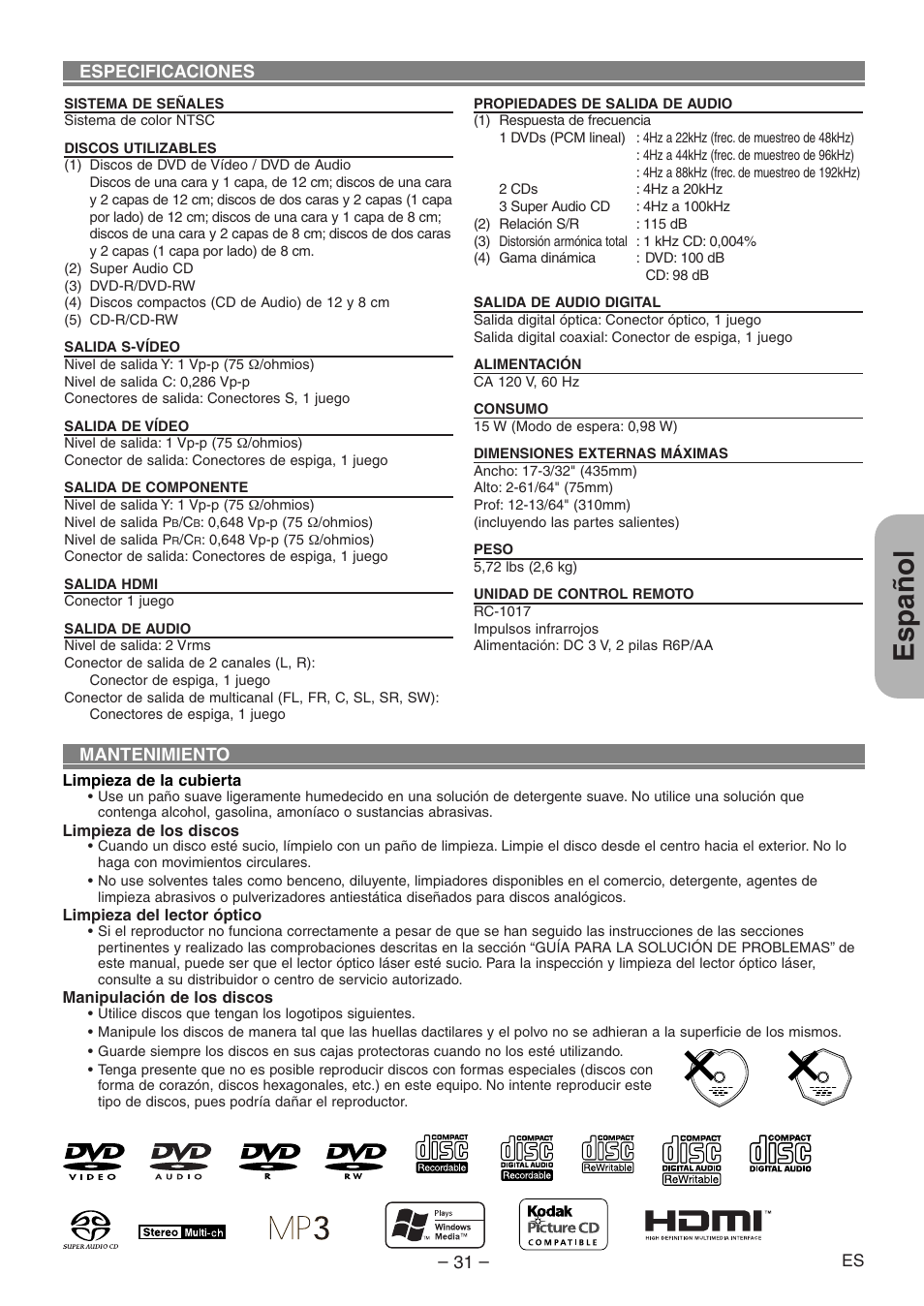 Español, Especificaciones, Mantenimiento | Denon DVD-1930CI User Manual | Page 91 / 92