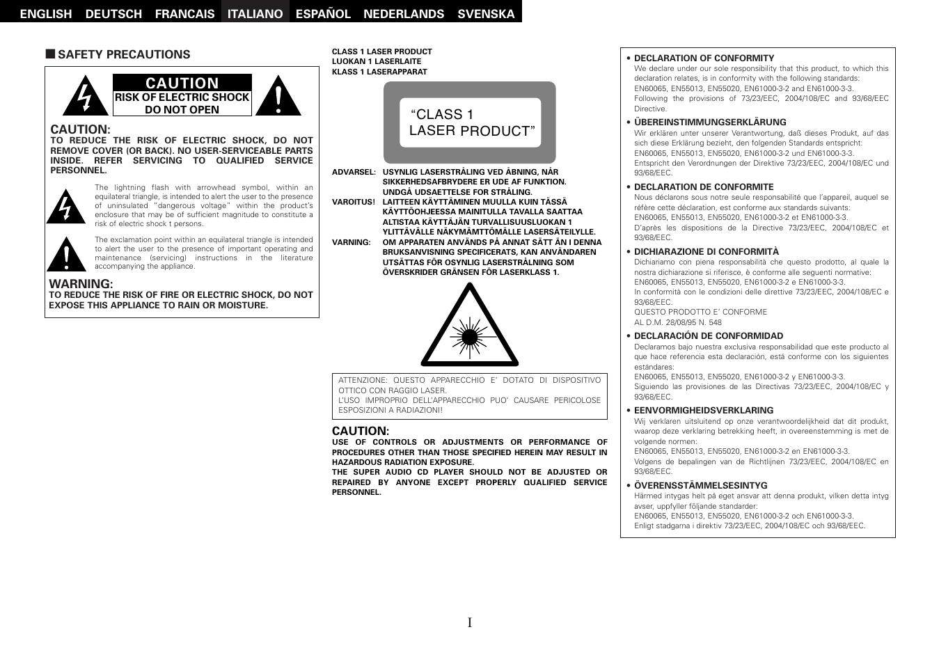 Caution, Class 1 laser product | Denon DCD-F102 User Manual | Page 2 / 21