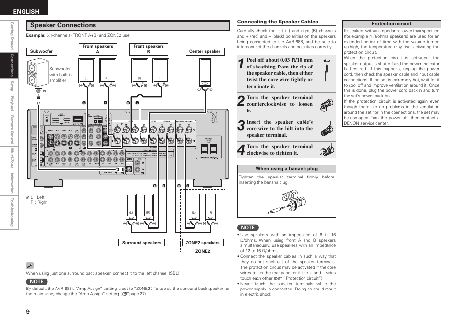 Speaker connections | Denon AVR-688 User Manual | Page 12 / 68