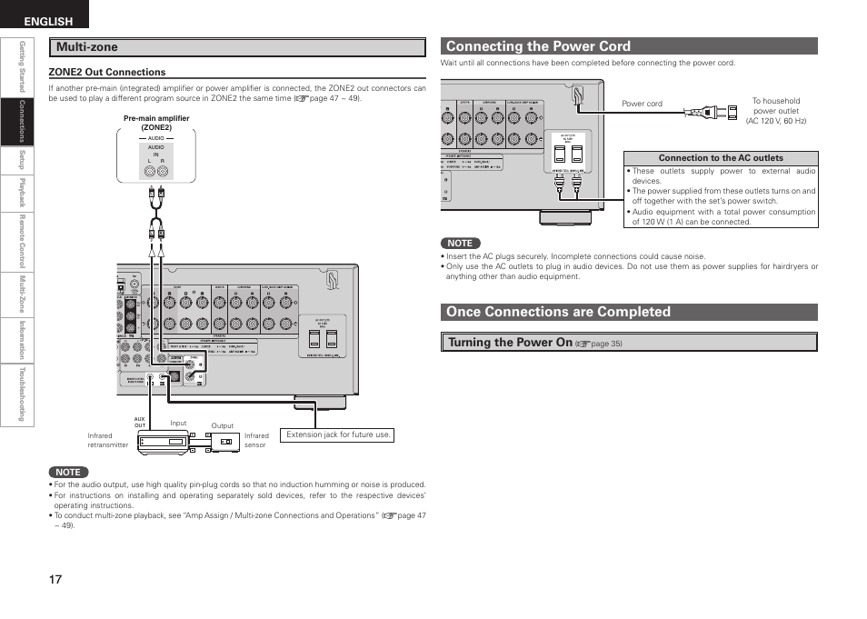 Connecting the power cord, Once connections are completed, Multi-zone | Turning the power on, English | Denon AVR-688 User Manual | Page 20 / 68