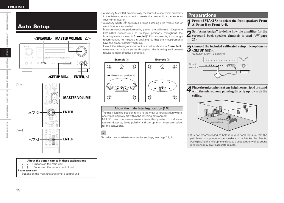 Auto setup, Preparations | Denon AVR-688 User Manual | Page 22 / 68