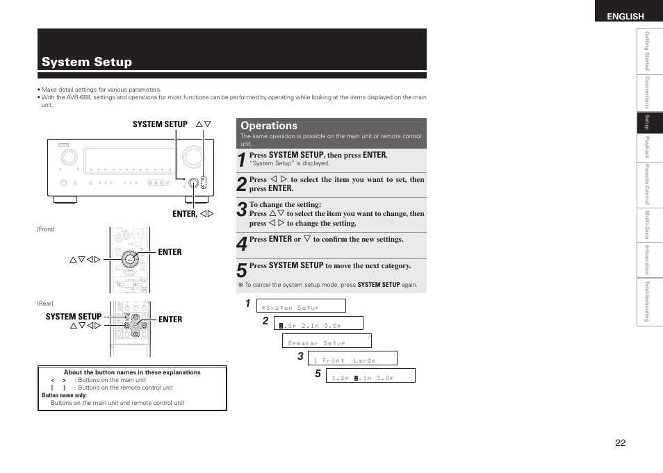 System setup, Operations | Denon AVR-688 User Manual | Page 25 / 68