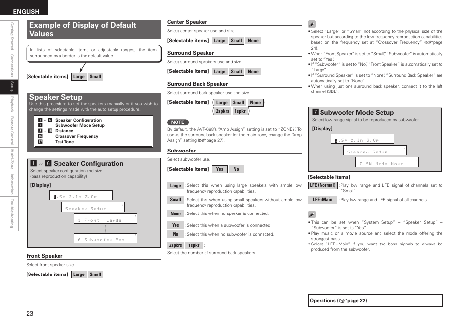 Example of display of default values, Speaker setup, Jsubwoofer mode setup | A~ h speaker confi guration | Denon AVR-688 User Manual | Page 26 / 68