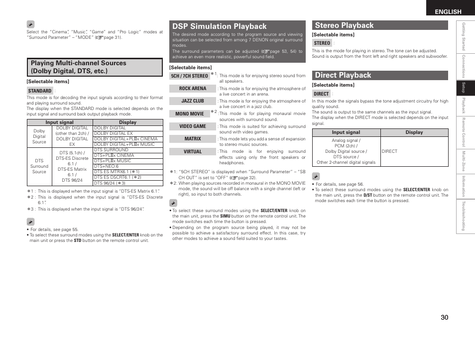 Direct playback, Stereo playback, Dsp simulation playback | English | Denon AVR-688 User Manual | Page 33 / 68
