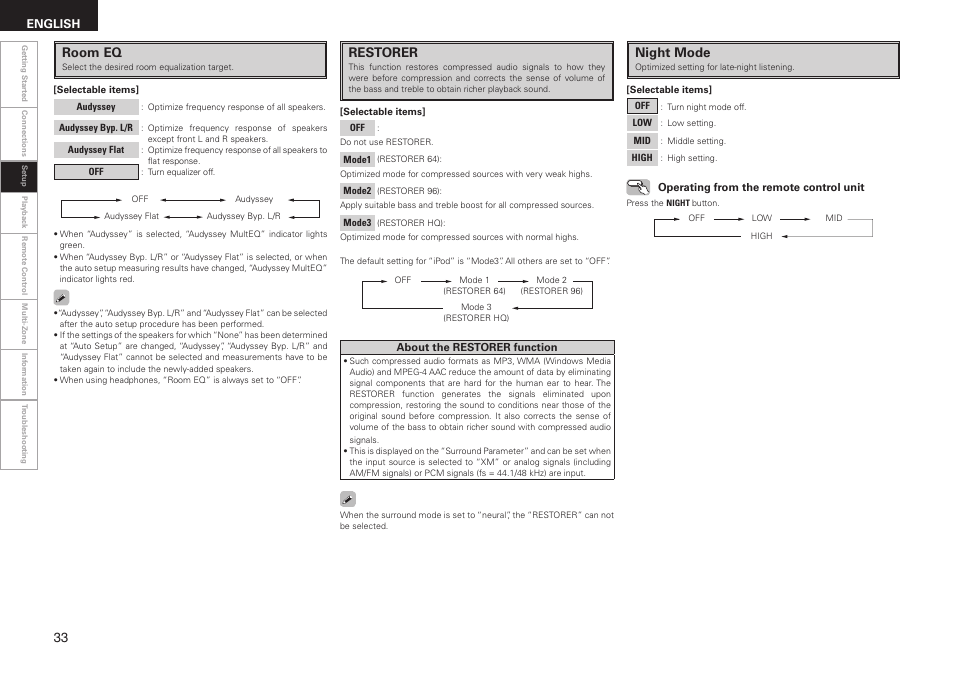 Night mode, Restorer, Room eq | English | Denon AVR-688 User Manual | Page 36 / 68