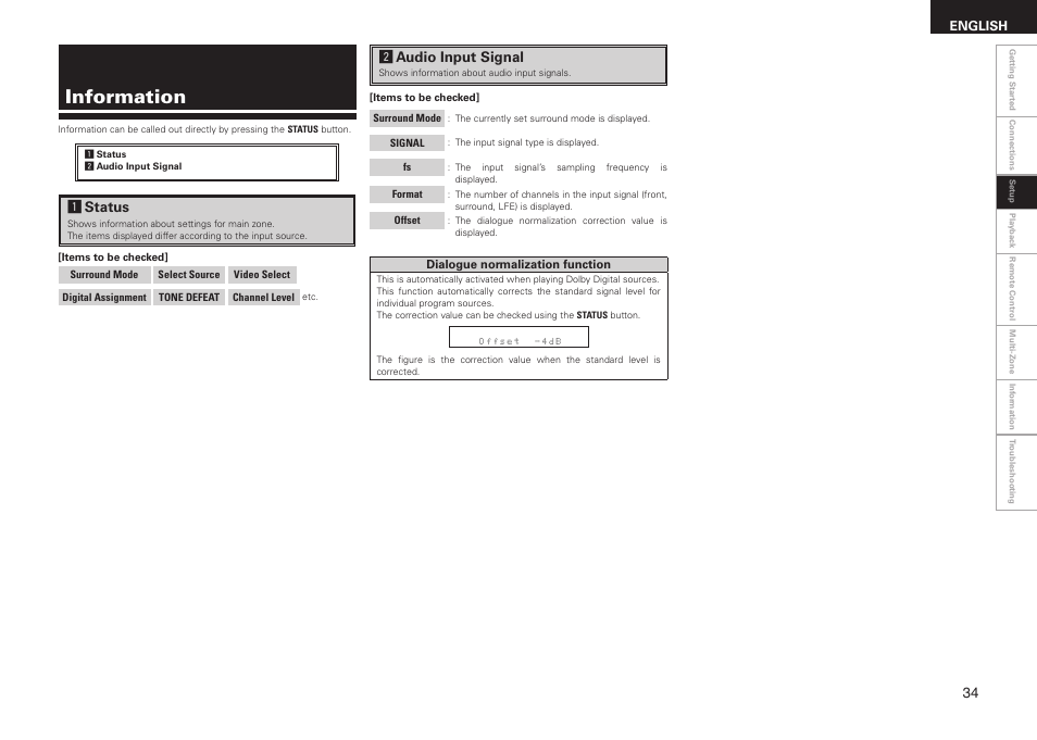 Information, Saudio input signal, Astatus | Denon AVR-688 User Manual | Page 37 / 68