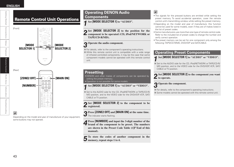 Remote control unit operations, Operating denon audio components presetting, Operating preset components | Denon AVR-688 User Manual | Page 46 / 68