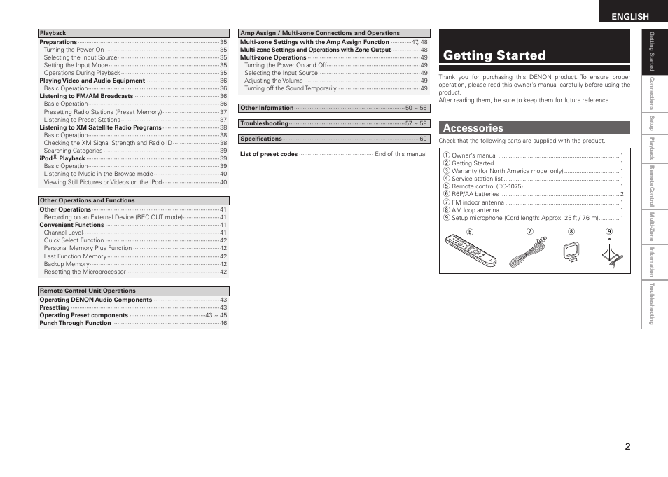 Getting started, Accessories, English | Denon AVR-688 User Manual | Page 5 / 68