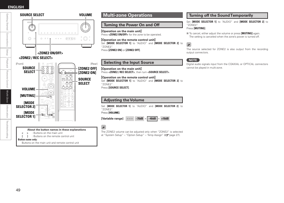 Multi-zone operations, Turning the power on and off, Selecting the input source | Adjusting the volume, Turning off the sound temporarily | Denon AVR-688 User Manual | Page 52 / 68